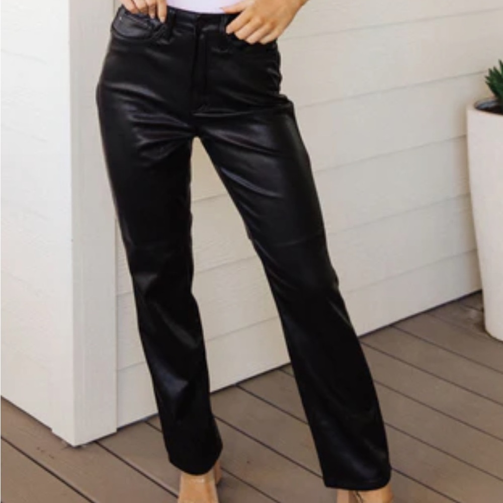 Judy blue hi-waisted tummy control faux leather black straight leg pants. Size 9
